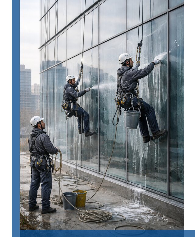 Промышленная мойка панорамных окон на высоте в Березниках