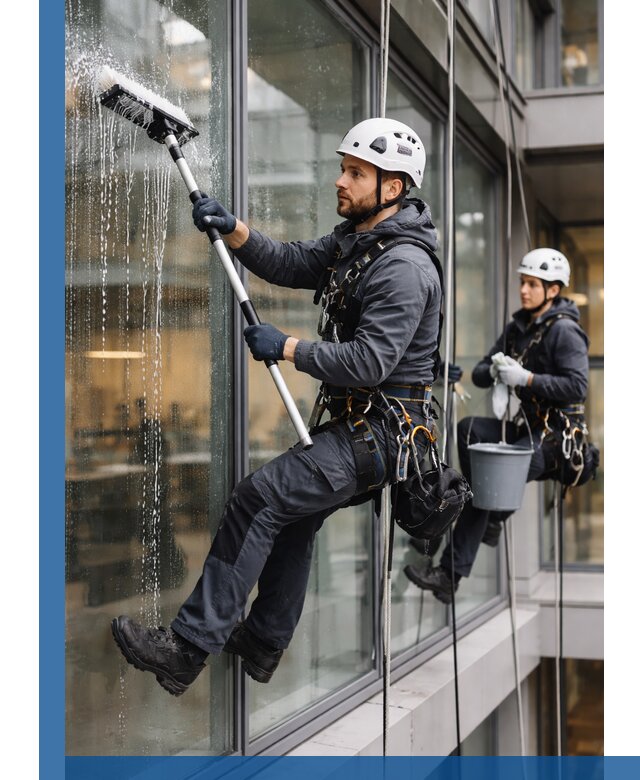 Профессиональная мойка витражей промышленными альпинистами в Березниках