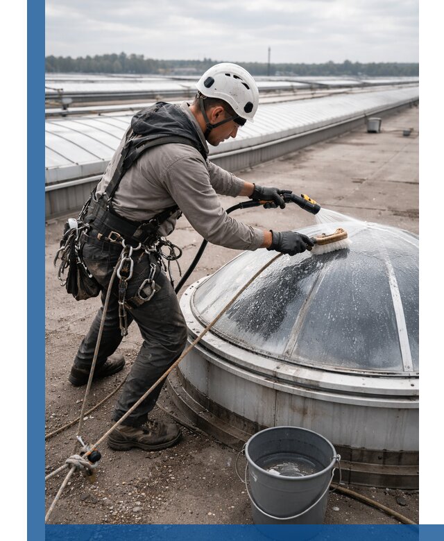 Мойка зенитных фонарей на кровле для промышленных объектов в Березниках