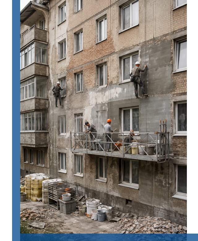 Капитальный ремонт фасада в Березниках с восстановлением и гидроизоляцией