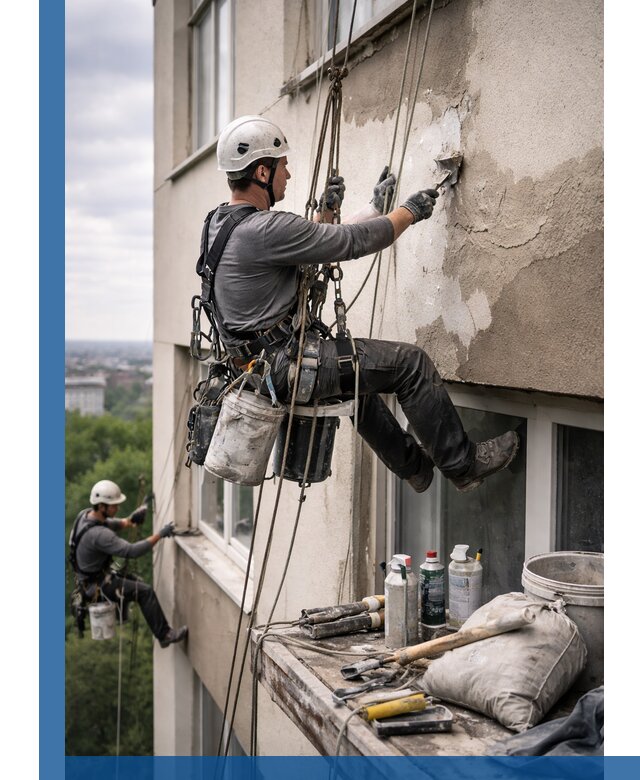 Косметический ремонт фасада зданий в Березниках промышленными альпинистами