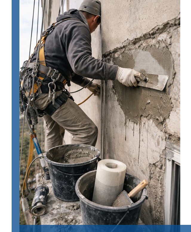 Ремонт бетонных элементов фасада промышленными альпинистами в Березниках