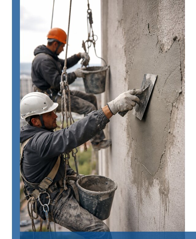 Штукатурка фасада на высоте в Березниках профессиональные работы