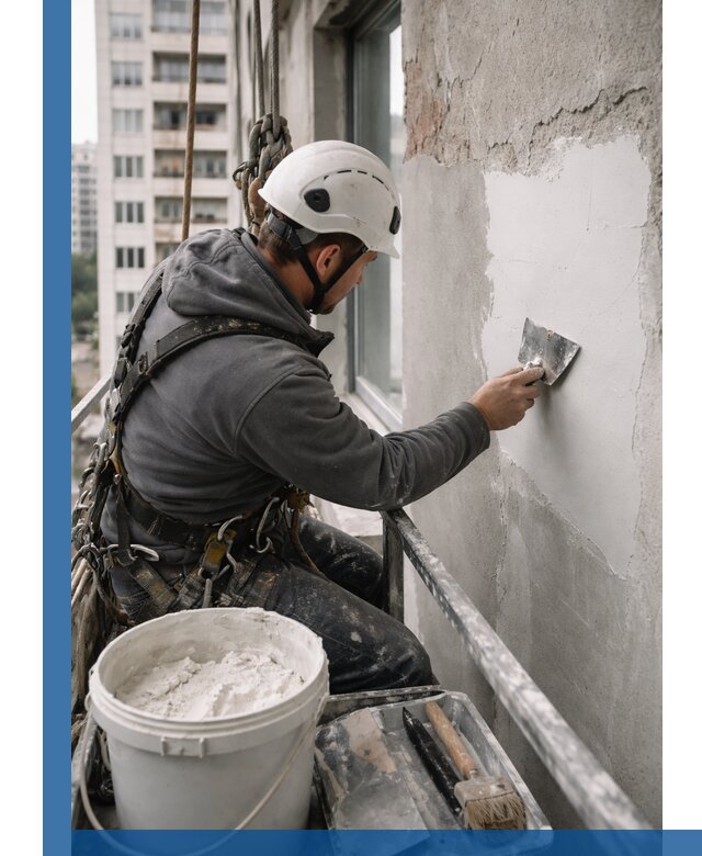 Шпаклевка фасадов на высоте с промальпинистами в Березниках