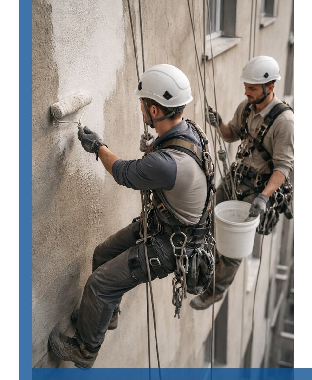 Грунтовка фасада на высоте в Березниках промышленными альпинистами