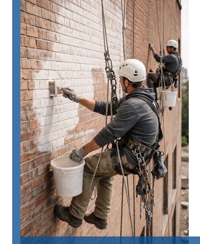 Покраска кирпичного фасада с доступным альпинистским сервисом в Березниках