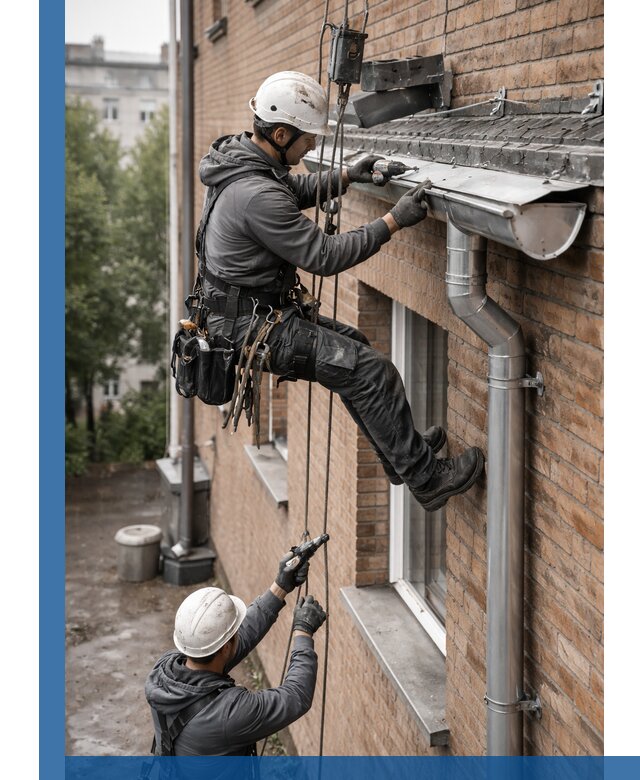 Монтаж водосточной системы на здании в Березниках под ключ