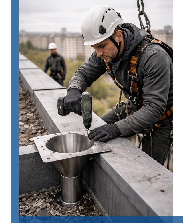 Монтаж водосточных воронок в Березниках для промышленных зданий