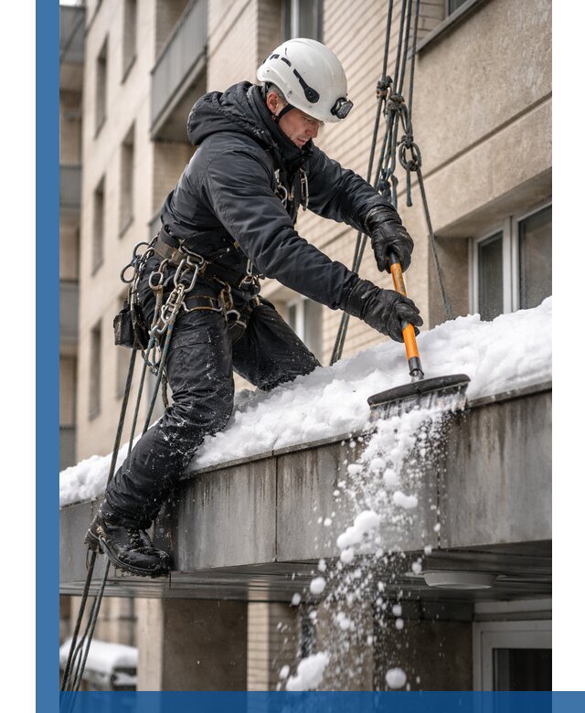 Очистка козырьков от снега в Березниках круглогодично безопасно
