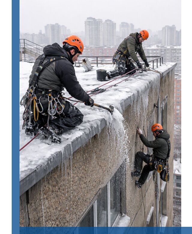 Удаление наледи с кровли в Березниках промышленными альпинистами