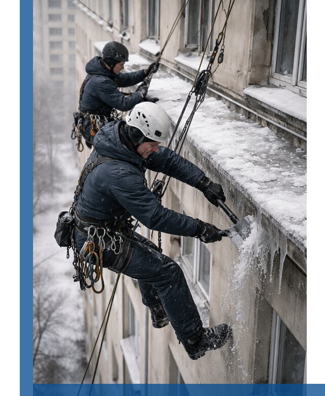 Удаление наледи и сосулек с карнизов в Березниках профессионально