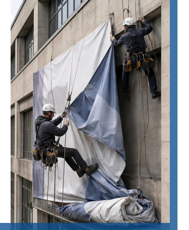 Демонтаж баннеров с фасада в Березниках от 4635 р. | ВЫСОТНИК-Брз