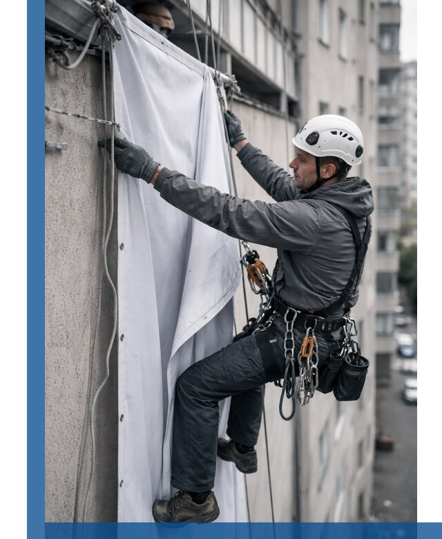 Замена баннерного полотна промышленными альпинистами в Березниках