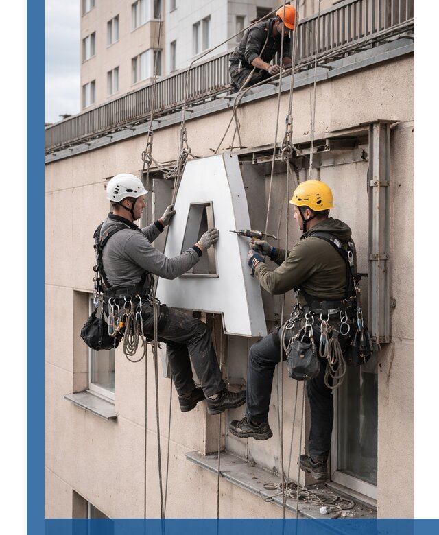 Ремонт и восстановление наружных вывесок на высоте в Березниках