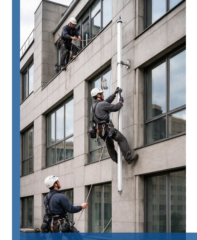 Монтаж флагштока на фасаде здания с креплением и герметикой в Березниках