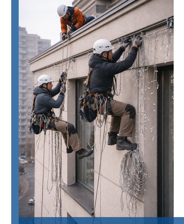 Монтаж праздничных гирлянд на фасаде в Березниках для зданий