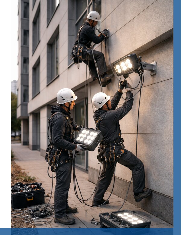 Монтаж прожекторов на фасаде в Березниках от 7724 р. | ВЫСОТНИК-Брз