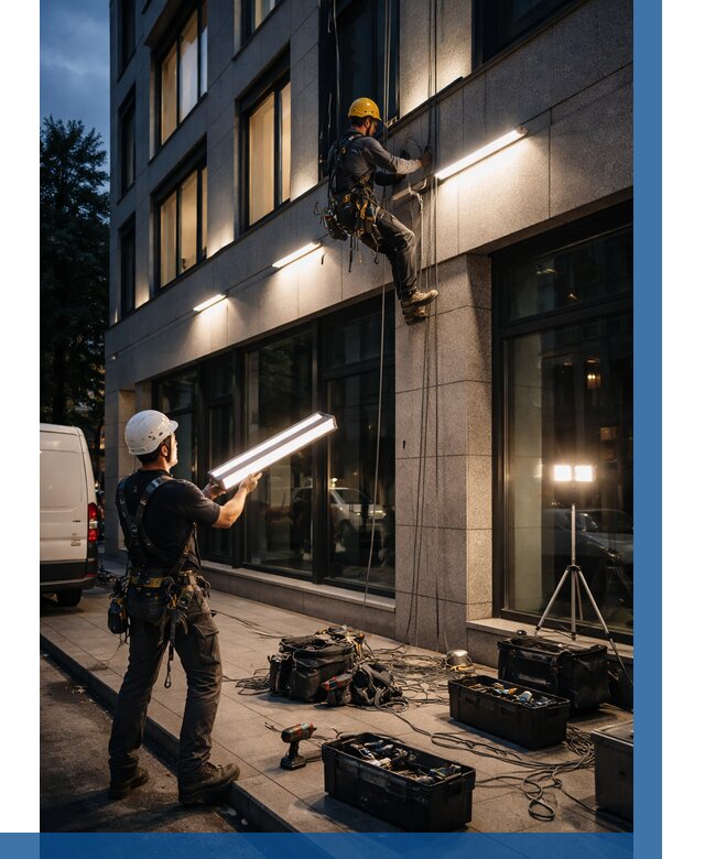 Монтаж архитектурной подсветки здания в Березниках от 2575 р.|ВЫСОТНИК-Брз