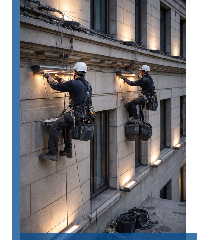 Монтаж архитектурной подсветки фасадов зданий в Березниках