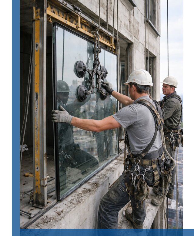 Монтаж стеклопакетов на высоте в Березниках с промышленным альпинизмом