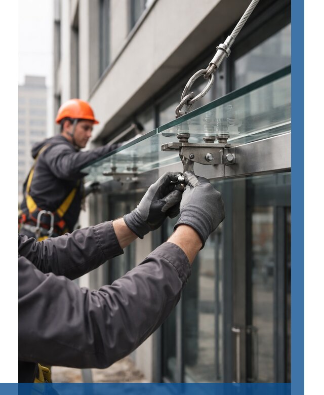 Монтаж стеклянных козырьков в Березниках от 8754 р. | ВЫСОТНИК-Брз