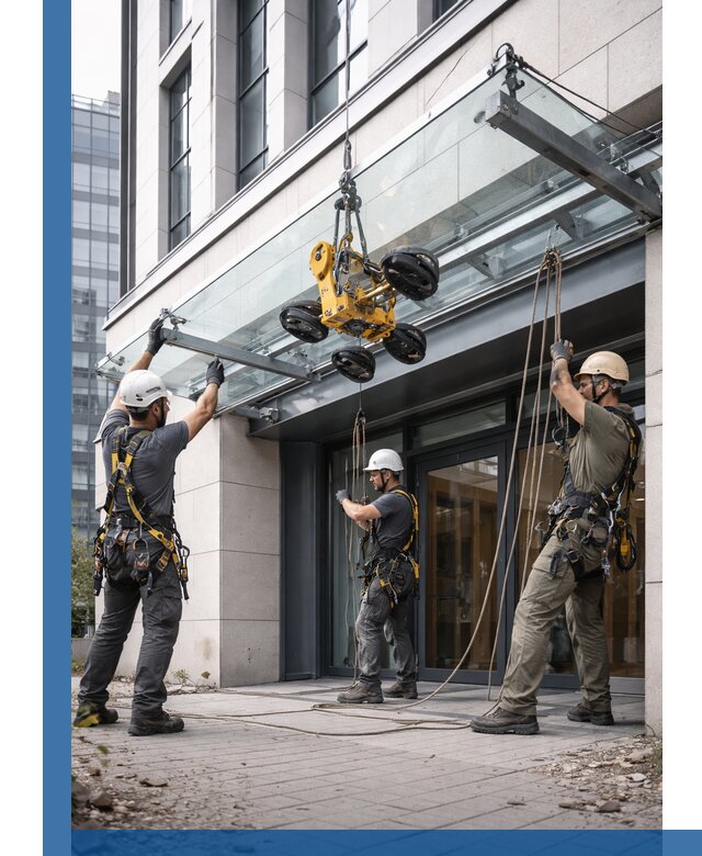 Монтаж стеклянных козырьков под ключ в Березниках для зданий