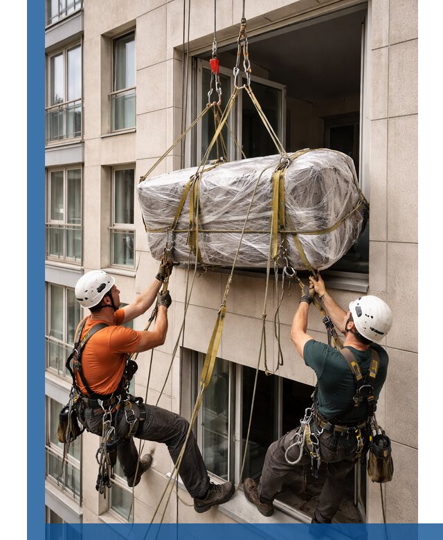 Подъем грузов через окно в Березниках промышленными альпинистами