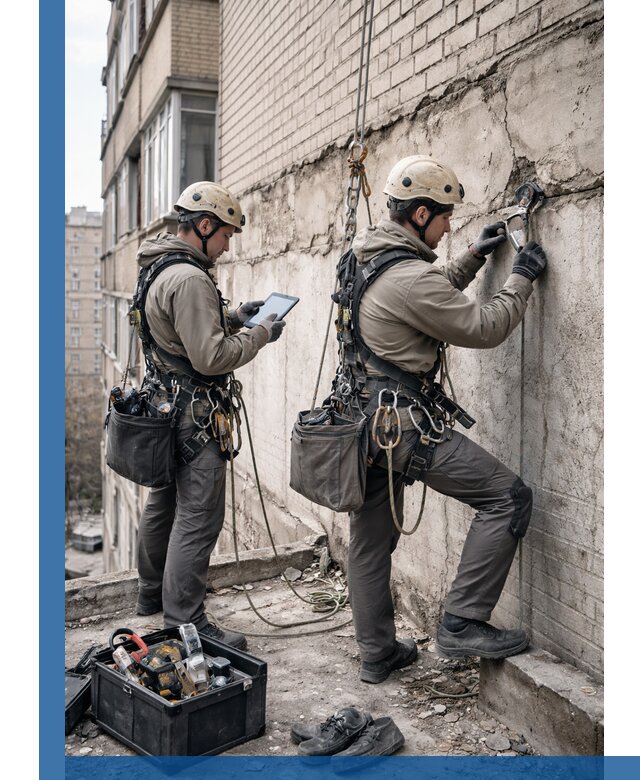 Обследование фасада промышленными альпинистами в Березниках